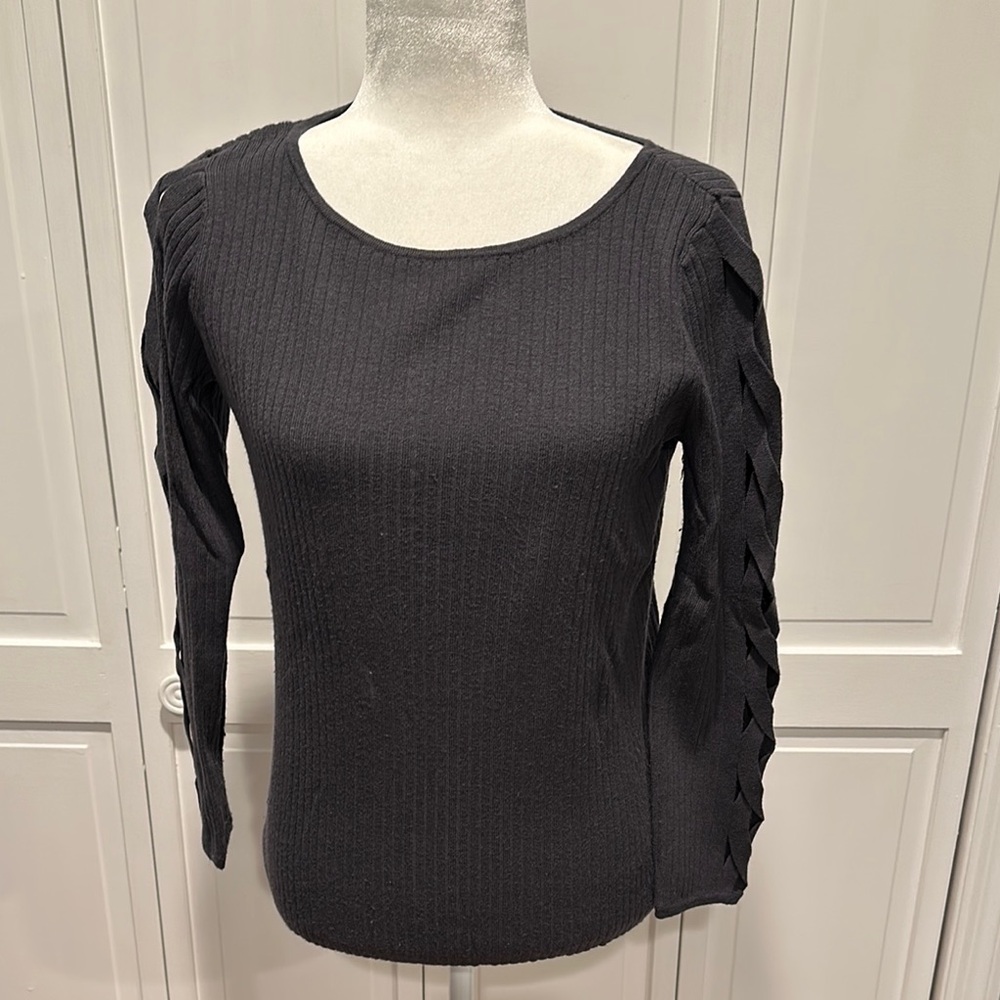 Black Ribbed Knit Top with Braided Sleeves